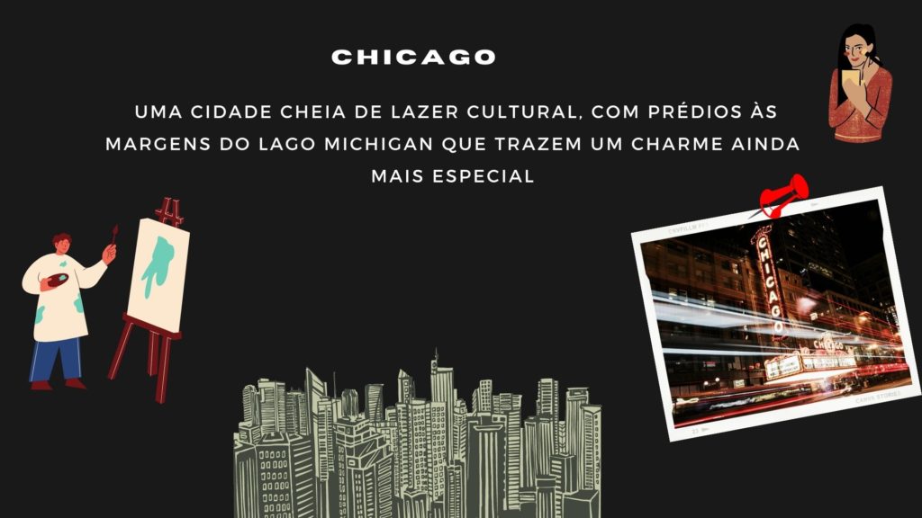 ilustração com motivos para escolher chicago como destino de intercâmbio