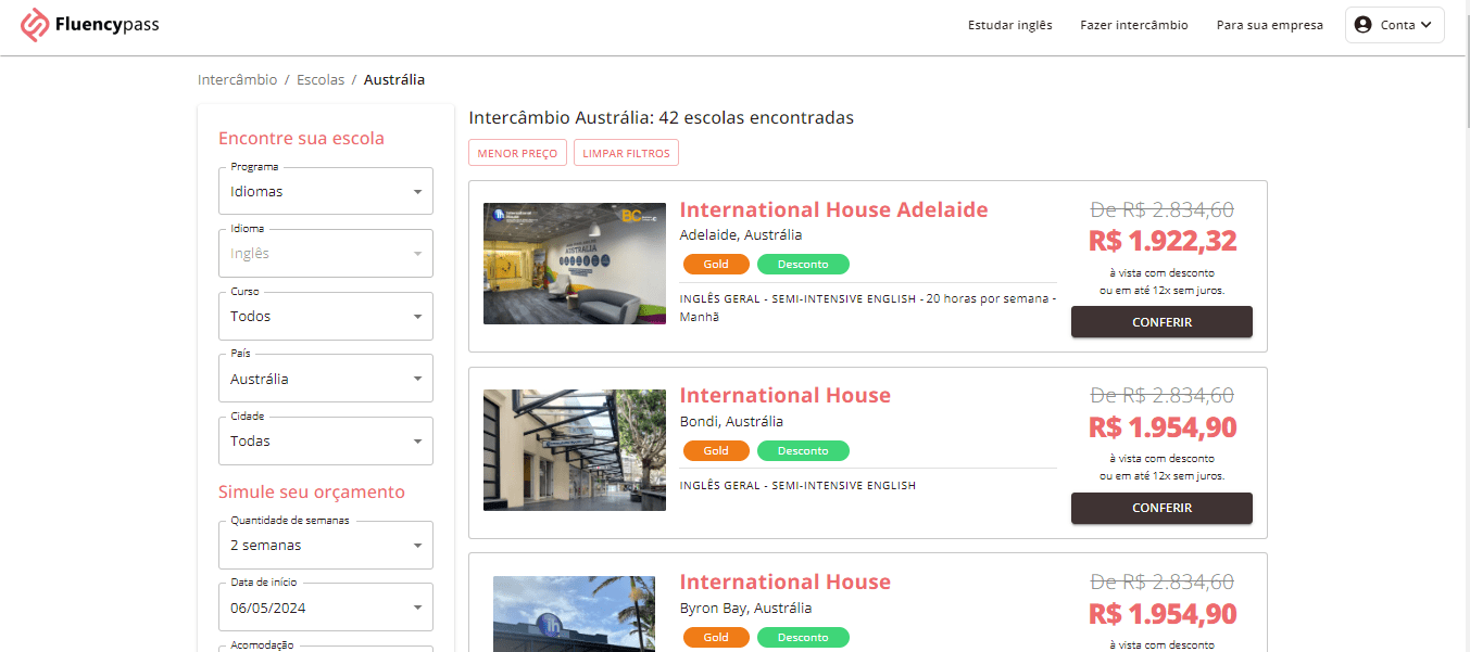 valores para intercâmbio de 2 semanas na austrália