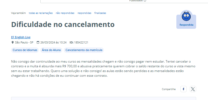 Reclamação da English Live no Reclame Aqui