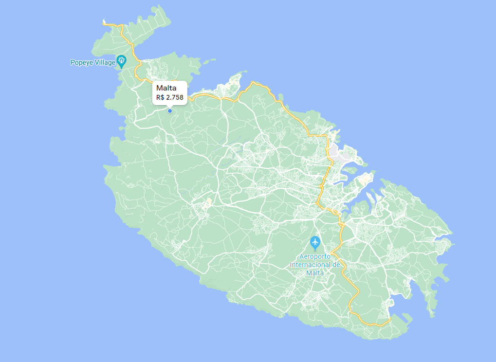 Mapa com valores de passagem área para Malta
