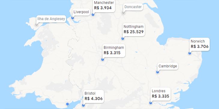 Simulação de preços de passagens aéreas para cidades da Inglaterra