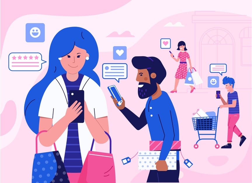 pessoas andando com celulares em ilustração sobre pronomes