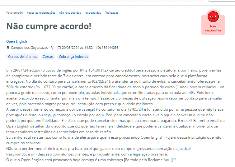 Reclamação Open English no Reclame Aqui