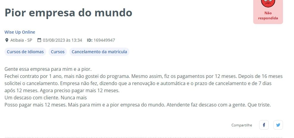 Reclamação Wise up Online no Reclame Aqui