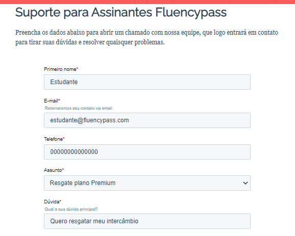 print de como abrir um ticket para resgatar o intercâmbio do plano premium