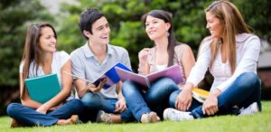 amigos felizes estudando na grama