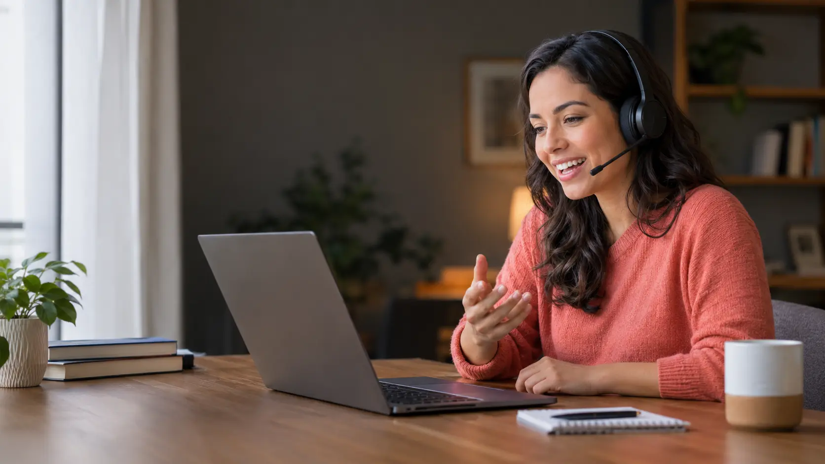 Mulher sorrindo durante uma aula de inglês online no notebook, usando fone com microfone